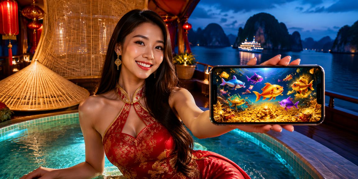 Người dùng đội nón lá tại vịnh Hạ Long kiểm tra ưu đãi casino trên ứng dụng điện thoại