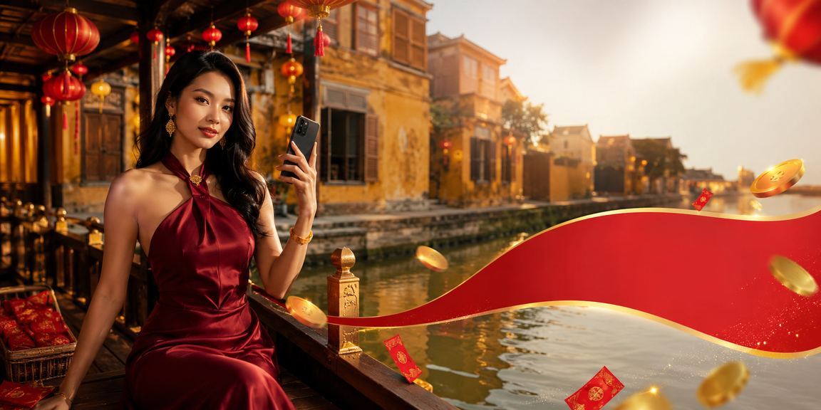 Phong bì đỏ may mắn và đèn lồng Hội An tượng trưng cho ưu đãi thưởng đặc biệt